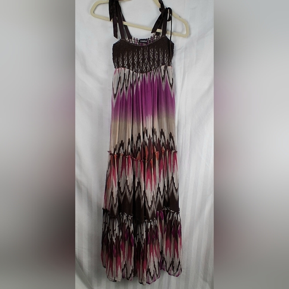 Bebe Bohemian Maxi Silk Dress Tie Dye Smocking Ribbon Straps Size XXS - Picture 1 of 9